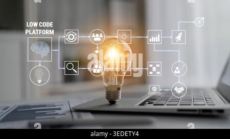 Innovative Low Code Platform Concept with Light Bulb Symbolizing Ideas and Creativity for Technology and Business Solutions Quark. Stock Photo