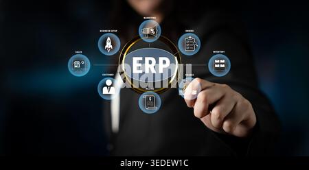 Business Professional Engaging with Digital ERP Solutions for Enhanced Management and Workflow Optimization in Modern Enterprises Quark. Stock Photo