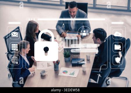 Business professionals engage in a collaborative meeting focused on cybersecurity, utilizing digital tools and discussing data protection strategies Stock Photo