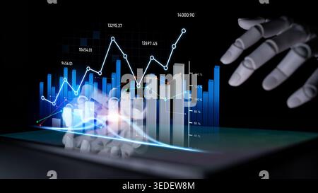 A robotic hand interacts with dynamic digital financial data on a tablet, highlighting trends, analytics, and modern visualizations, showcasing Stock Photo