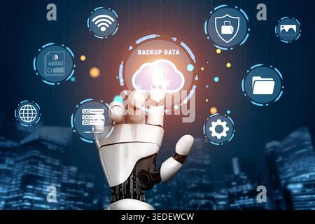 Futuristic Robotic Hand Interacting with Cloud Technology and Data Security Icons in Modern Urban Environment Haptic. Stock Photo