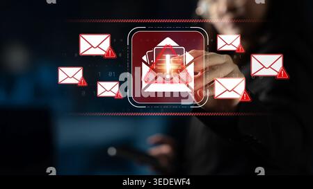 Concept of cybersecurity awareness illustrated by a user interacting with warning symbols, depicting email threats and digital protection strategies Stock Photo