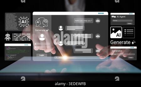 A futuristic touchscreen tablet displays an AI chatbot interface, showcasing user interaction, data visuals, and digital communication in a modern Stock Photo