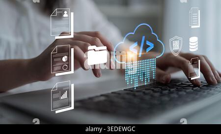 Business Professional Engaging in Cloud Computing with Digital Icons of Data Storage, Security, and Development on Laptop Keyboard Fluxor. Stock Photo
