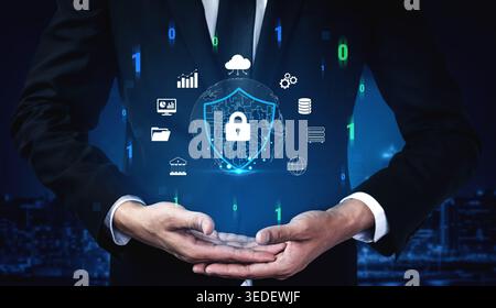 Professional business person illustrates digital security with icons of technology, data protection, and cloud computing in urban night setting Quark. Stock Photo