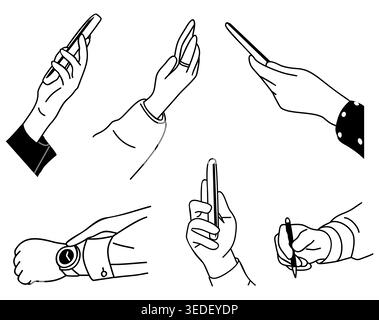 Simple line art shows six distinct hand gestures Stock Vector