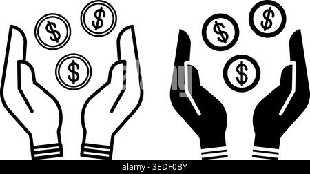 Savings icons. Black and White Vector Icons of Dollar Coins in Hands. Business And Finance Concep Stock Vector