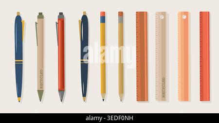 Minimalist Stationery Kit Vector Set of Professional Pens Pencils and Wooden Rulers in Blue Orange and Kraft Tones for Branding and School Design Stock Vector