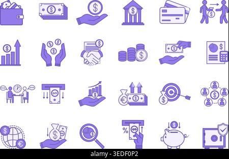 Colored Set of Finance Icons. Vector Icons of Money, Credit Cards, Lender, Increasing Income, Budget, Deposit, Withdrawing Money, Financial Monitoring Stock Vector