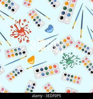 Minimalist Art Supplies Seamless Pattern Vector Watercolor Paints Brushes and Splashes Background for School Projects Wrapping Paper and Textile Stock Vector