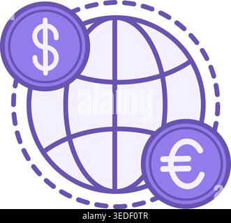 Globalization Color Icon. Vector Icon of Distributing Dollar and Euro Money on the Planet. Cashless payments. Business and Finance Concept Stock Vector