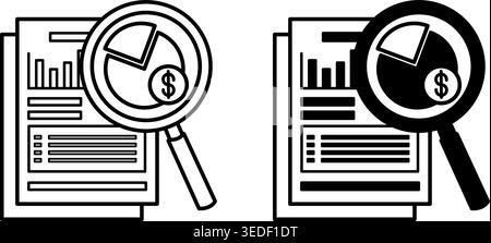 Financial Audit Icons. Black and White Vector Icons. Financial Chart in Magnifying Glass and Accounting Documents. Business and Finance. Accounting Co Stock Vector