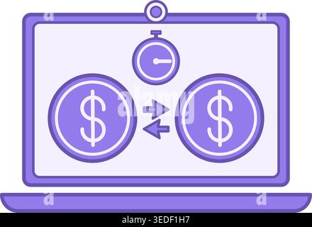 Financial Transaction Color Icon. Vector Icon of Money Transaction, Laptop, and Stopwatch. Instant Money Transfer Online. Accounting Concept Stock Vector