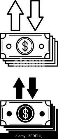 Profit and Loss icons. Black and White Vector Icons. Stack of Money and Up and Down Arrows. Business and Finance. Accounting Concept Stock Vector