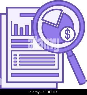 Financial Audit Color Icon. Vector Icon of Financial Chart in Magnifying Glass and Accounting Documents. Business and Finance. Accounting Concept Stock Vector