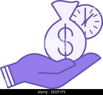 Colored Credit Icon. Vector Icon of Bag with Money on Hand and Clock. Loan Payment, Fast Money, Instant Loan. Accounting Concept Stock Vector