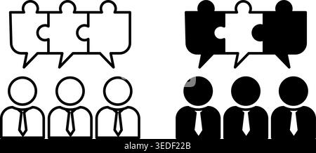 Team Building Icons. Black and White Vector Icons of People Working in a Team. Unity and Teamwork. Workshop Concept Stock Vector