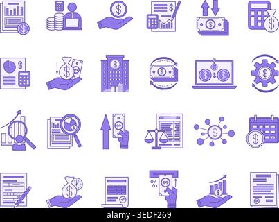 Colored Set of Accounting Icons. Vector Icons of Financial Audit, Income, Money Management, Analysis, Credit, Balance Sheet, Deposit, Cash and More Stock Vector