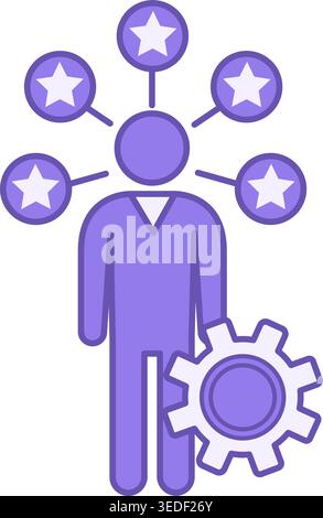 Skill Building Color Icon. Vector Icon of Gear, Man, and Stars Around It. Increasing Skills and Talents. Workshop Concept Stock Vector