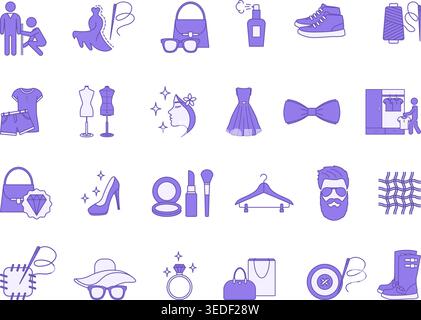 Colored Fashion Icon Set. Vector Icons Tailor, Hanger, Clothes, Shoes, Sewing, Luxury, Style, Fabric, Perfume, Dress, Makeup, Mannequin, and More Stock Vector