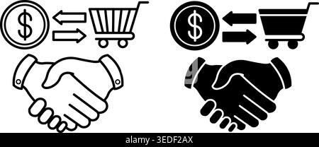 Trading Icons. Black and White Vector Illustrations. Handshake, Dollar Coin, and Shopping Cart. Buying or Selling Goods. Stock Market Concept Stock Vector