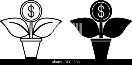 Investment Icons. Black and White Vector Illustrations. Dollar Coin Growing in Flower Pot. Profit from Invested Capital. Stock Market Concept Stock Vector