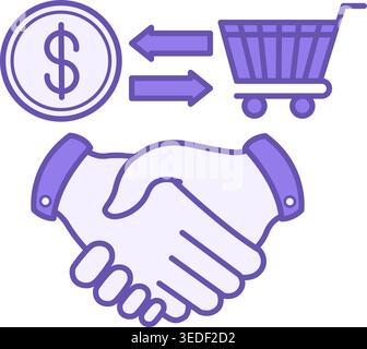 Colored Trading Icon. Vector Illustration. Handshake, Dollar Coin, and Shopping Cart. Buying or Selling Goods. Stock Market Concept Stock Vector