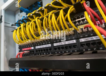 A detailed view of a network switch featuring colorful Ethernet cables connected to various ports, representing modern technology and data communicati Stock Photo