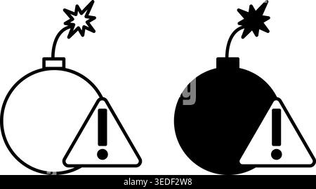 Risk Icons. Black and White Vector Illustrations. Bomb with Burning Fuse and Danger Sign. Risk in Business. Stock Market Concept Stock Vector