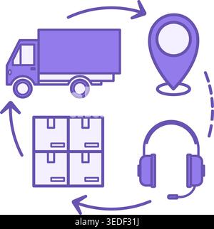 Colored Supply Chain Icon. Vector Illustration. Headphones with Microphone, Cargo, Truck, and Geolocation Icon. Delivery Service Work. Logistics Conce Stock Vector