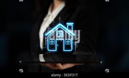 Businesswoman Using Digital Tablet with House Icon and Growth Arrows for Real Estate and Technology Concept in Modern Office Environment Sigmoid Stock Photo