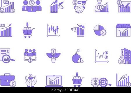 Colored Stock Market Icon Set. Vector Icons Buy, Sell, Stock Exchange, Bull Market, Bear Market, Investor, Dividends, Profit, Candlestick Chart, Campa Stock Vector