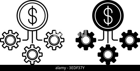 Operational Costs Icons. Black and White Vector Illustrations. Dollar Coin and Gear. Delivery Service. Logistics Concept Stock Vector