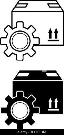 Logistics Management Icons. Black and White Vector Illustration. Cargo Box and Gear. Delivery Service Stock Vector