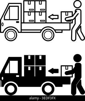 Loading Icons. Black and White Vector Illustrations. Man Loading Goods into a Truck. Delivery Service. Logistics Concept Stock Vector