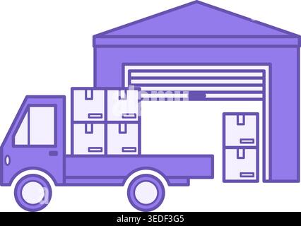 Warehouse Icon Colored. Vector Illustration. Unloading Goods in Warehouse. Car with Cargo, Delivery Service. Logistics Concept Stock Vector