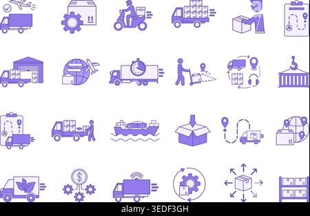 Colored Logistics Icon Set. Vector Icon Delivery, Customs Clearance, Inventory, Loading, Distribution, Packaging, Warehouse, Import, Export, Transport Stock Vector