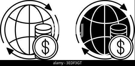 Economy Icons. Black and White Vector Illustrations. Globe and Dollar Coins. Society Sector Concept Stock Vector