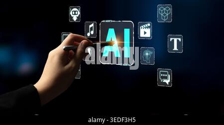 AI Technology Concept with Hand Using Stylus to Interact with Futuristic Icons Symbolizing Artificial Intelligence and Digital Innovation on Dark Stock Photo