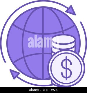 Colored Icon Economy. Vector Illustration. Globe and Dollar Coins. Society Sector Concept Stock Vector