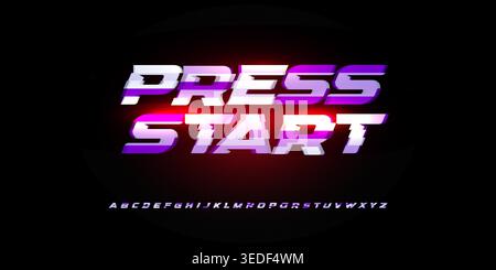 Press Start Digital Sport Alphabet Button Font, Gradient Vibrant Glow Red Neon Glitch Futuristic Typography, Gaming Cyberpunk Headline, UI Interface Stock Vector