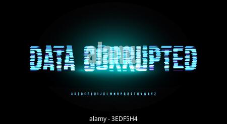 Digital Glitch Font Logo Alphabet Button, Turquoise Neon Glowing Light Future Noise Effect Letter Signs Set, Computer Game Typographic Design Stock Vector
