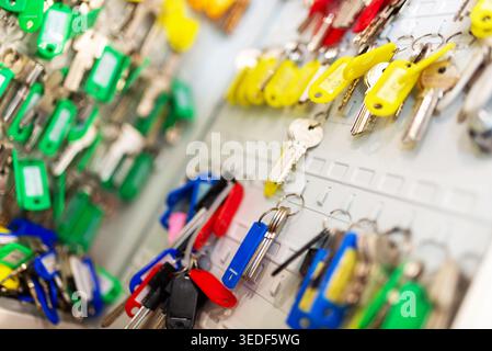 Colorful keychains hang neatly on a display board, showcasing an organized collection. Ideal for illustrating security solutions, office tools, and ho Stock Photo