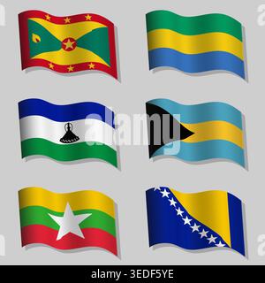 Large vector set of wavy flags of the world Stock Vector
