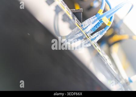 Close-up view of network cables connected to a server panel, showcasing technology and communication infrastructure in a modern computing environment. Stock Photo