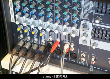Close-up of an audio mixer control panel showcasing various knobs, sliders, and cable connections, perfect for music production and sound engineering. Stock Photo