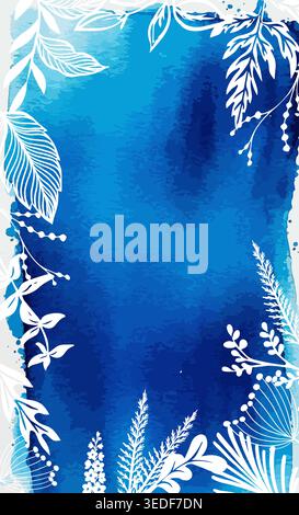 Watercolor blue background with delicate white flowers around the perimeter . Hand drawn. Not AI, vector illustration. Stock Vector