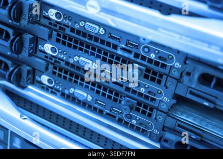 This close-up image showcases server hardware with visible connectors, emphasizing intricate details of technology and equipment used in data manageme Stock Photo