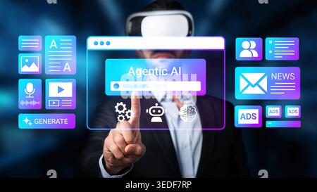 Futuristic Virtual Reality Experience with Professional in Business Suit Interacting with AI Interface in 3D Environment Gluon. Stock Photo