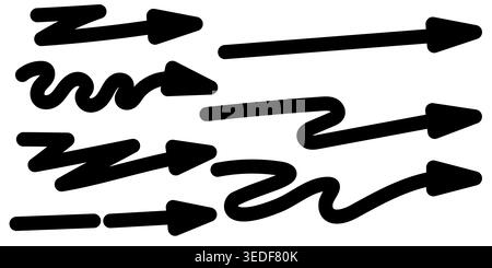 Wide arrow icons, black right direction symbol, dotted pointer, zig zag arrow right direction. Vector flat set arrow Stock Vector